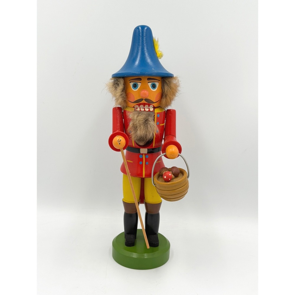 Vintage East Germany DDR Nutcracker Wood Figure Mushroom Basket 10.5"